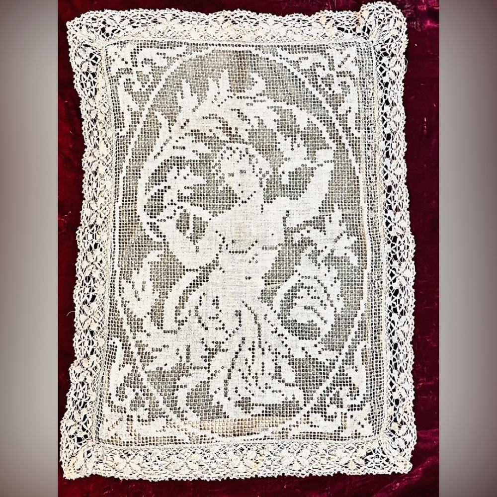 Vintage Antique Lace CushionCoverlet wIntricate Mythic Design -Eros (?) or Satyr